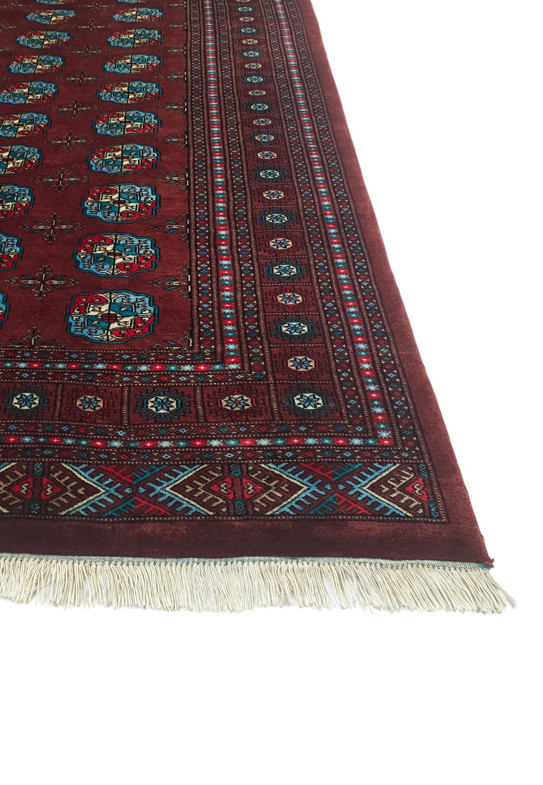Oxblood and Blue Turkmen Gül Bokhara, Hand-Knotted Wool Rug