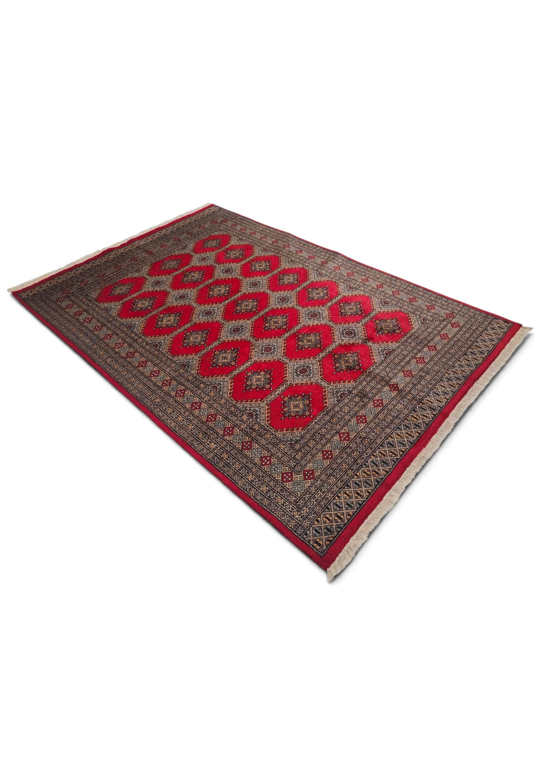 Ruby Red and Sand Jaldar Octagon Gül, Hand-Knotted Wool Rug