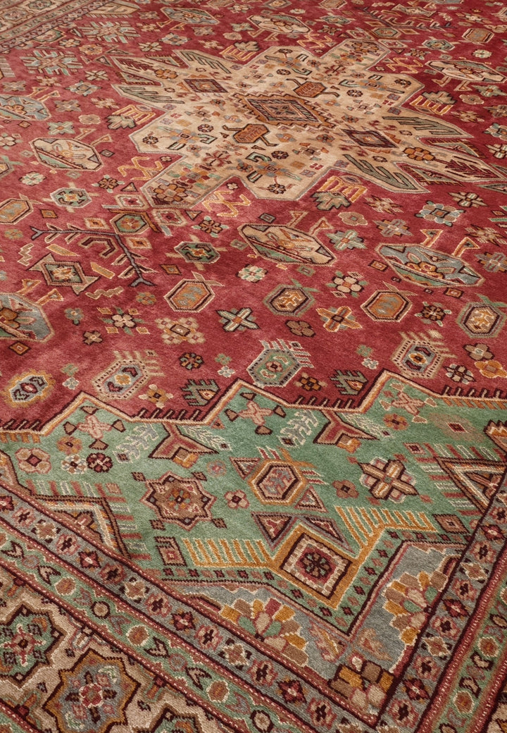 Rust Red &amp; Green Tribal Medallion Single Knot Wool and Silk Rug