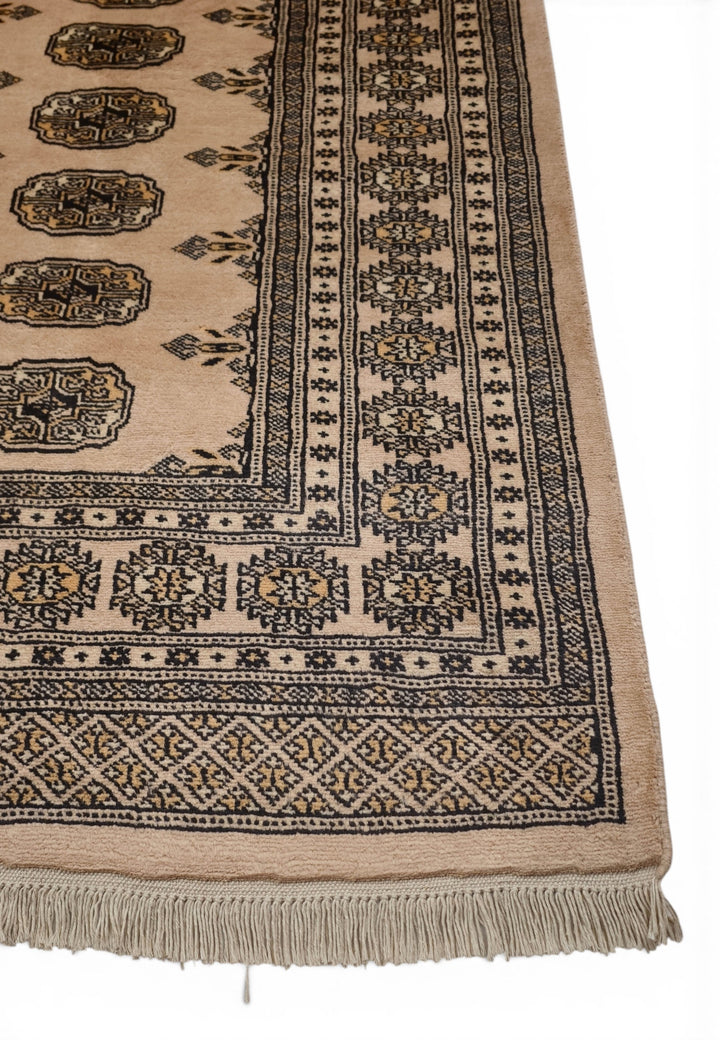 Camel Beige &amp; Charcoal Turkmen Gül Bokhara Rug, Hand-Knotted Pakistani Wool