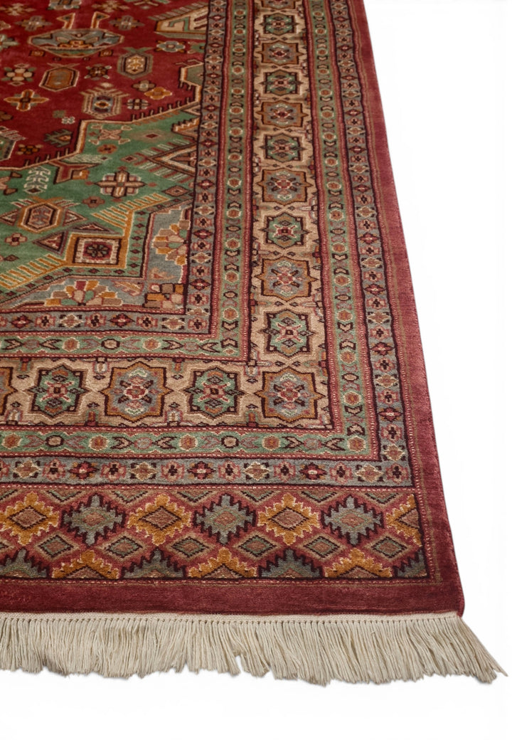 Rust Red &amp; Green Tribal Medallion Single Knot Wool and Silk Rug