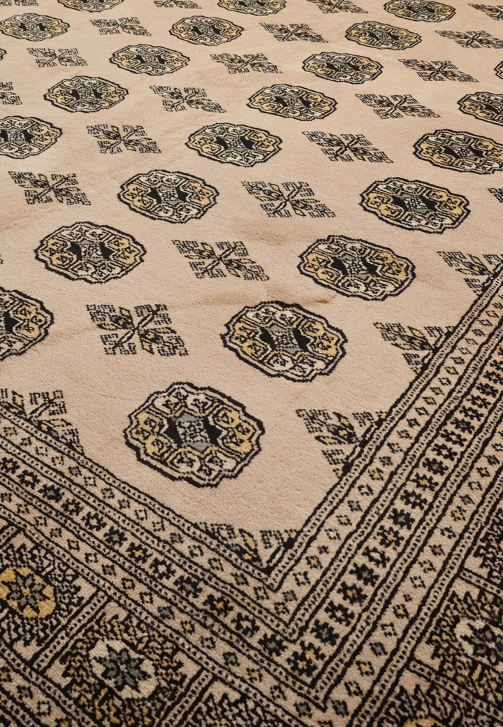 Sandy Beige &amp; Black Turkmen Gül Bokhara Rug, Hand-Knotted Pakistani Wool