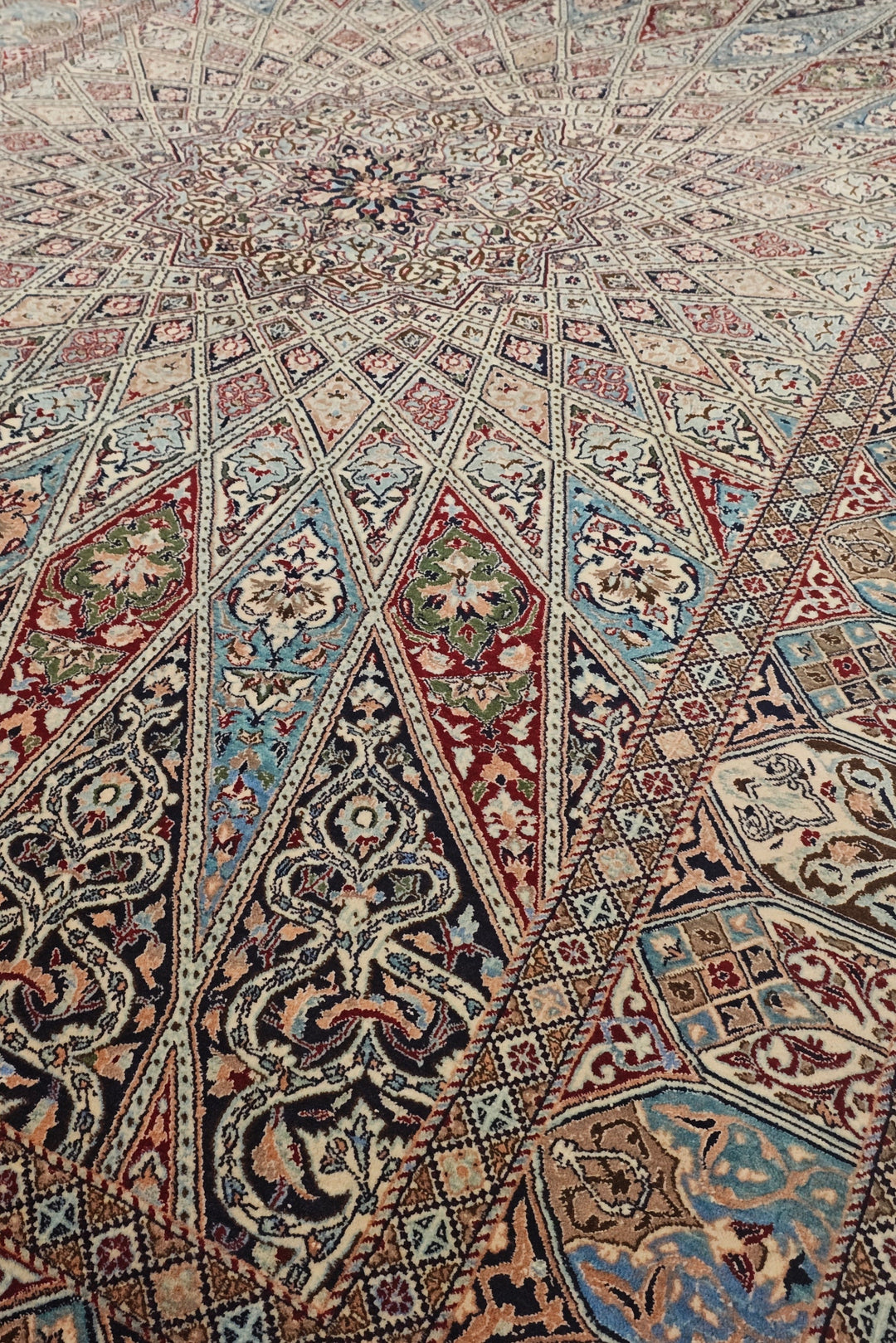 Ivory and Blue Gonbad Dome Persian Nain, Hand-Knotted Wool Rug