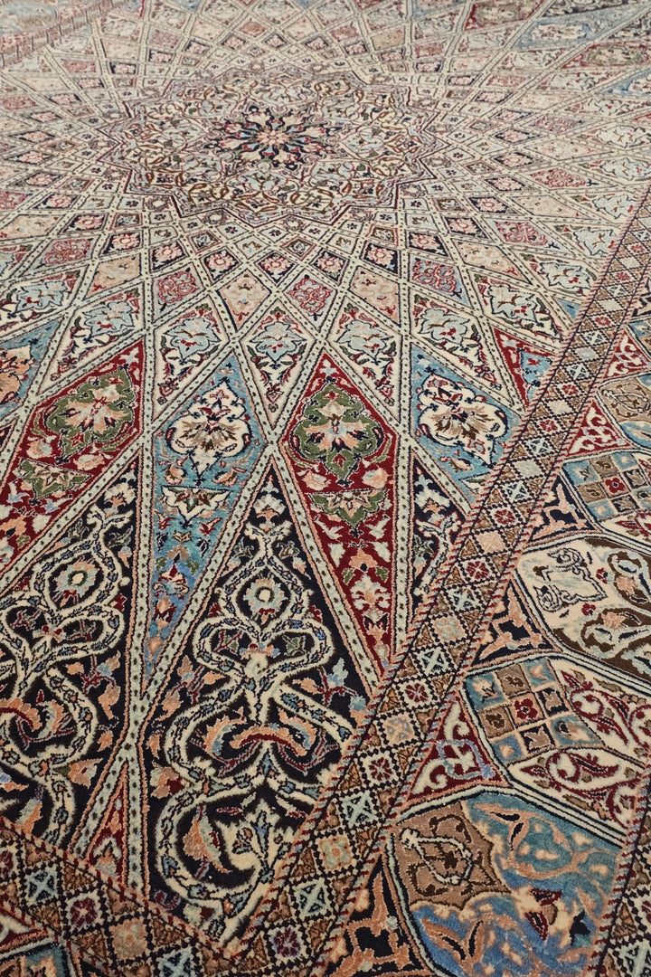 Ivory and Blue Gonbad Dome Persian Nain, Hand-Knotted Wool Rug