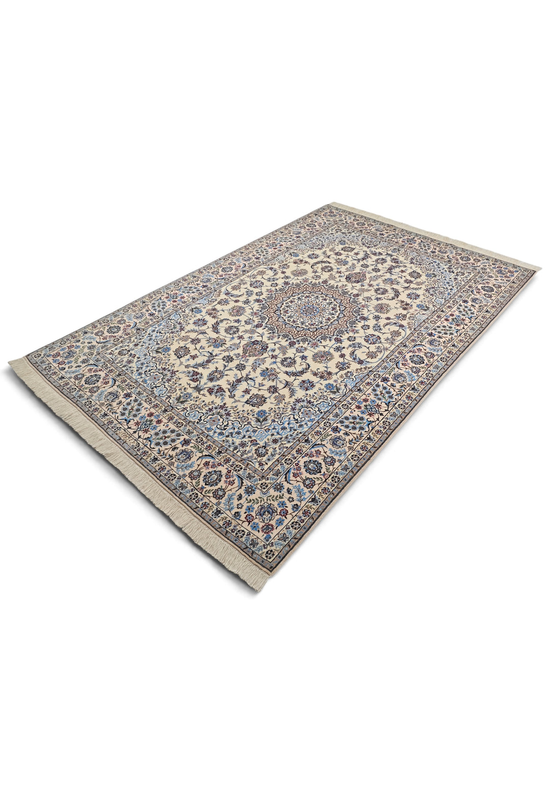 Persian Nain Hand-Knotted Ivory &amp; Blue Medallion Rug — 165×238 cm