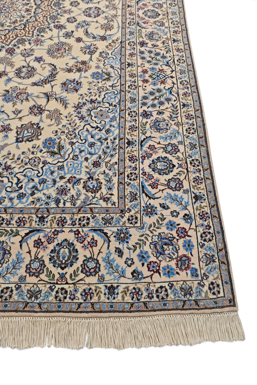 Persian Nain Hand-Knotted Ivory &amp; Blue Medallion Rug — 165×238 cm