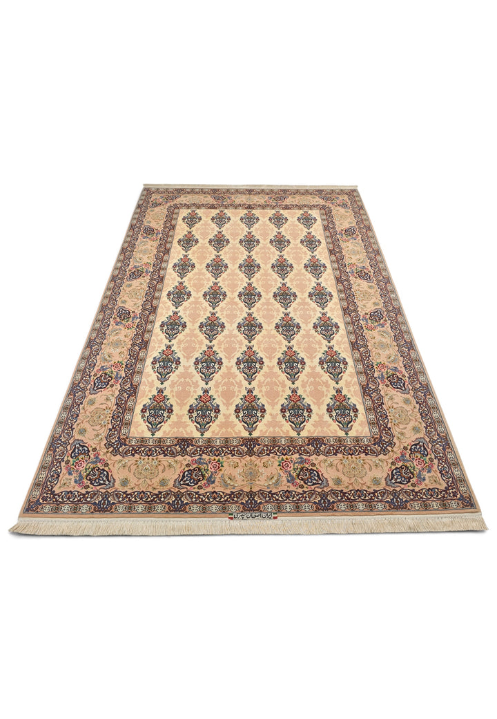 Persian Isfahan Hand-Knotted Ivory Vase Cartouche Rug — 159×236 cm