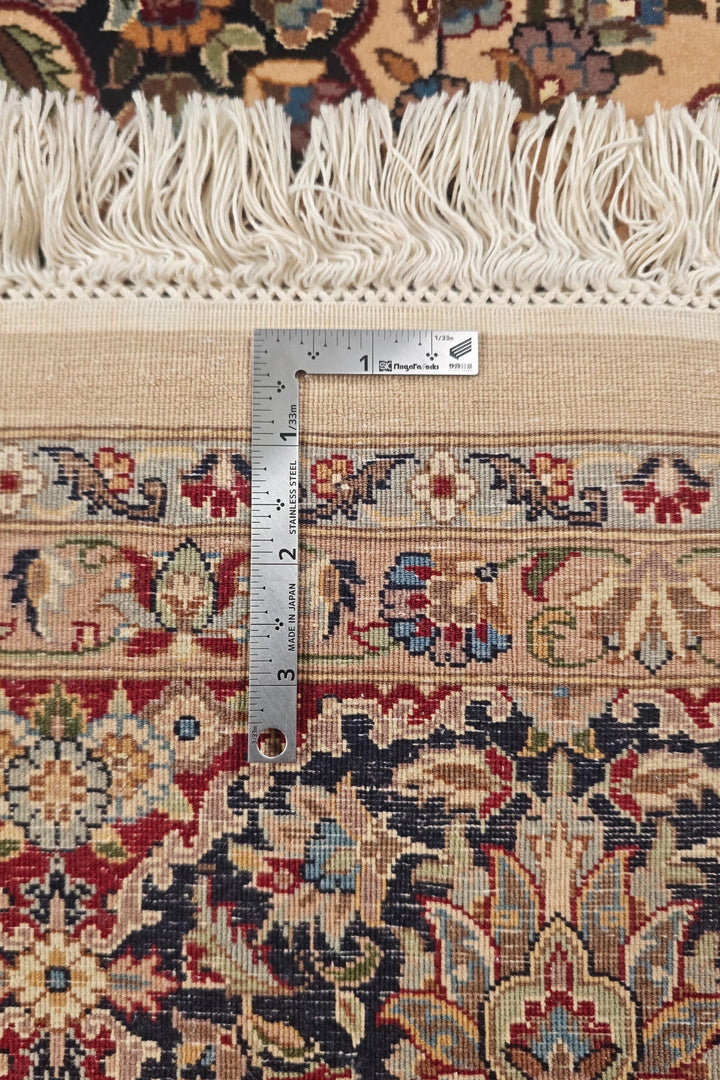 Ivory and Navy Floral Medallion, Hand-Knotted Wool and Silk Rug