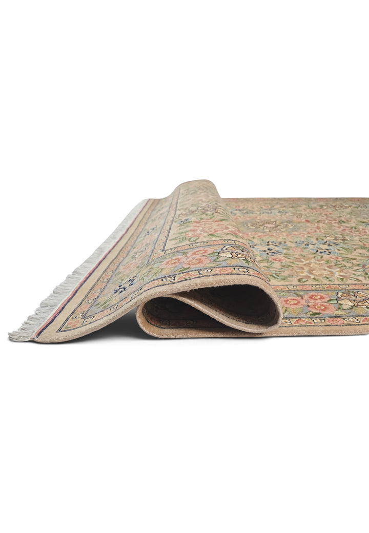 Camel and Pink Rose Floral, Hand-Knotted Wool Rug
