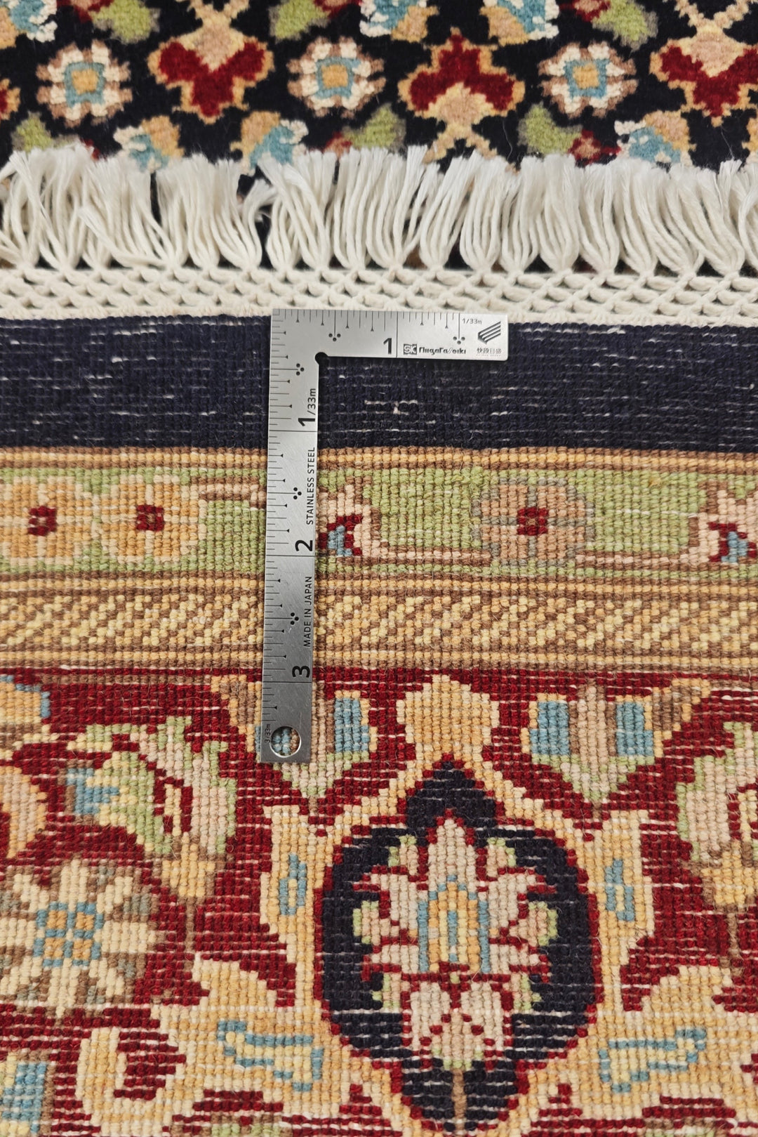 Navy and Cream Tabriz Mahi, Hand-Knotted Pakistani Wool and Silk Rug