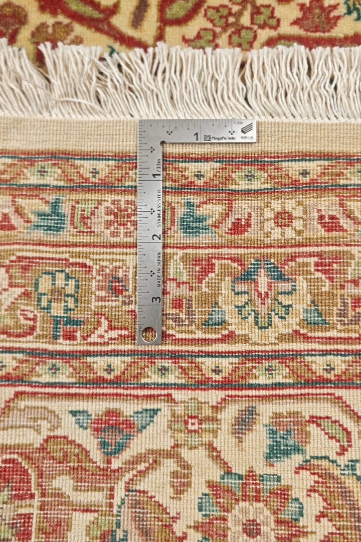 Cream and Red Floral Lattice, Hand-Knotted Wool Rug