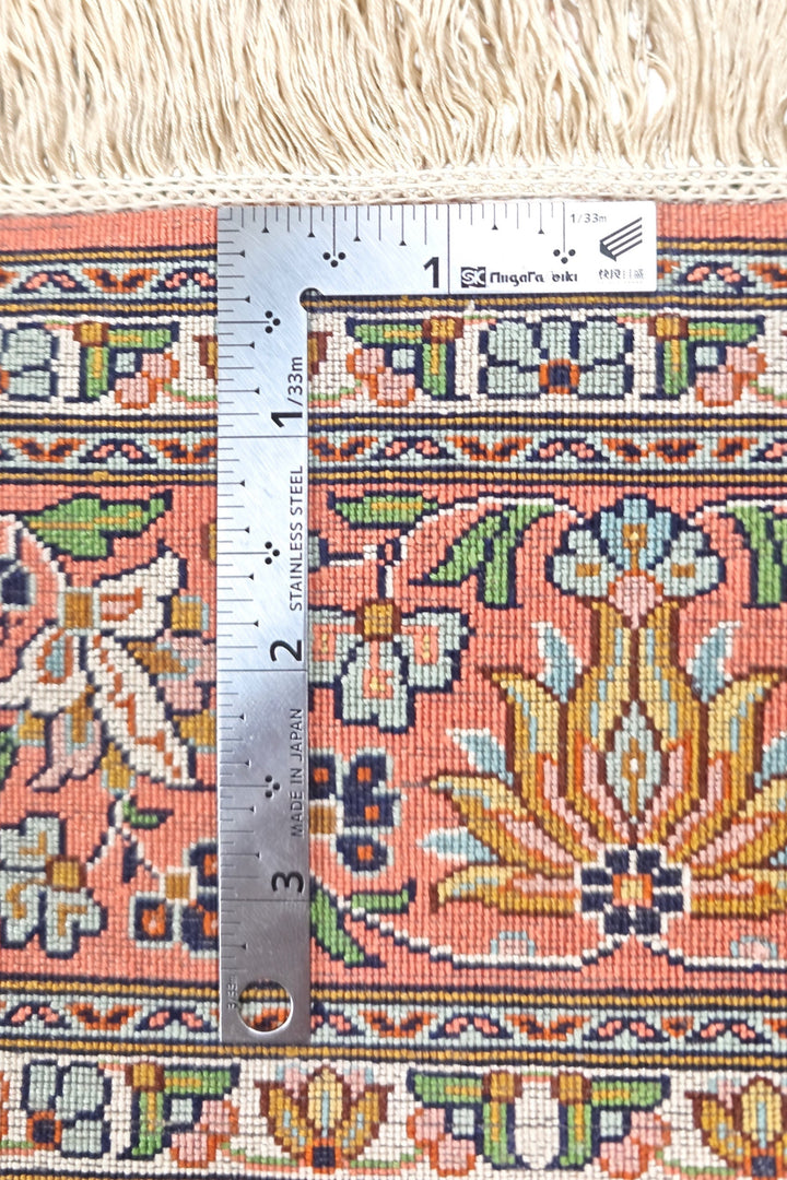 Ivory and Rose Lotus Palmette Medallion, Hand-Knotted Silk Rug