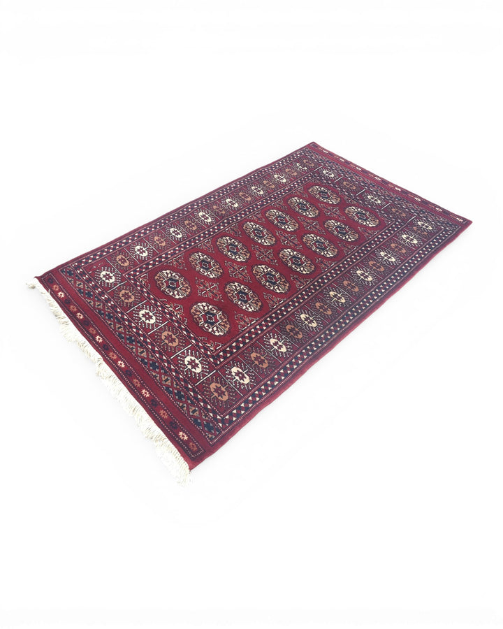 Wine Red Turkmen Gül Bokhara Small Rug, Hand-Knotted Pakistani Wool