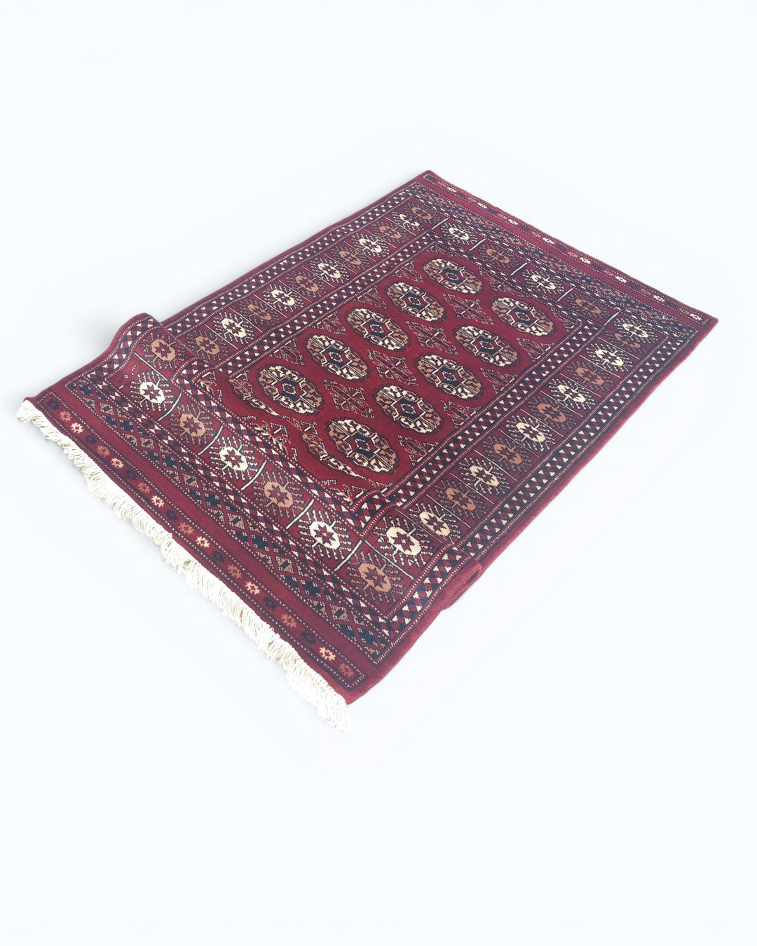 Wine Red Turkmen Gül Bokhara Small Rug, Hand-Knotted Pakistani Wool