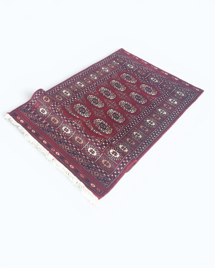 Wine Red Turkmen Gül Bokhara Small Rug, Hand-Knotted Pakistani Wool