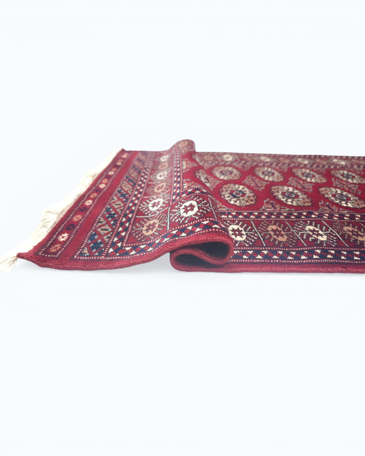 Wine Red Turkmen Gül Bokhara Small Rug, Hand-Knotted Pakistani Wool