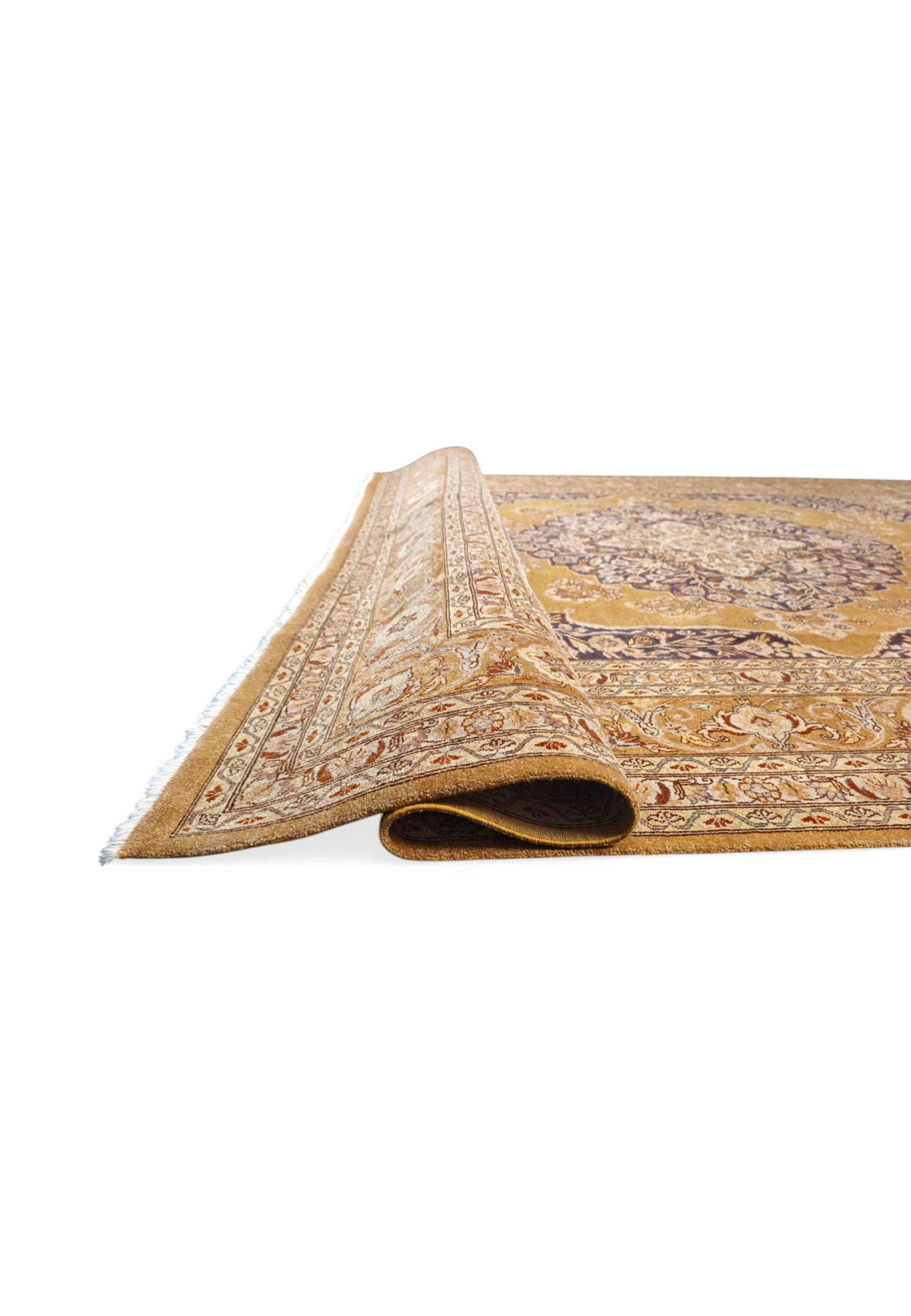 Corner of amber mahogany Chobi hand-knotted rug