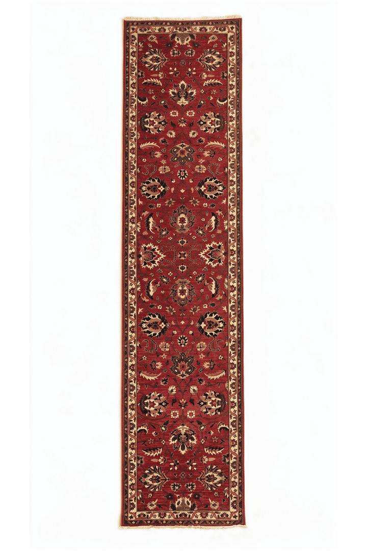 Red and gold palmette Qadeem Chobi runner, 80×345cm
