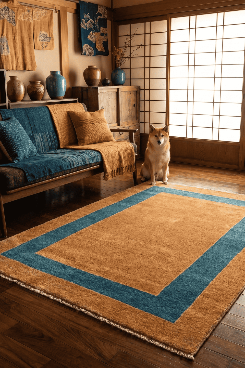 Peacock blue field detail on Afghan Gabbeh wool rug