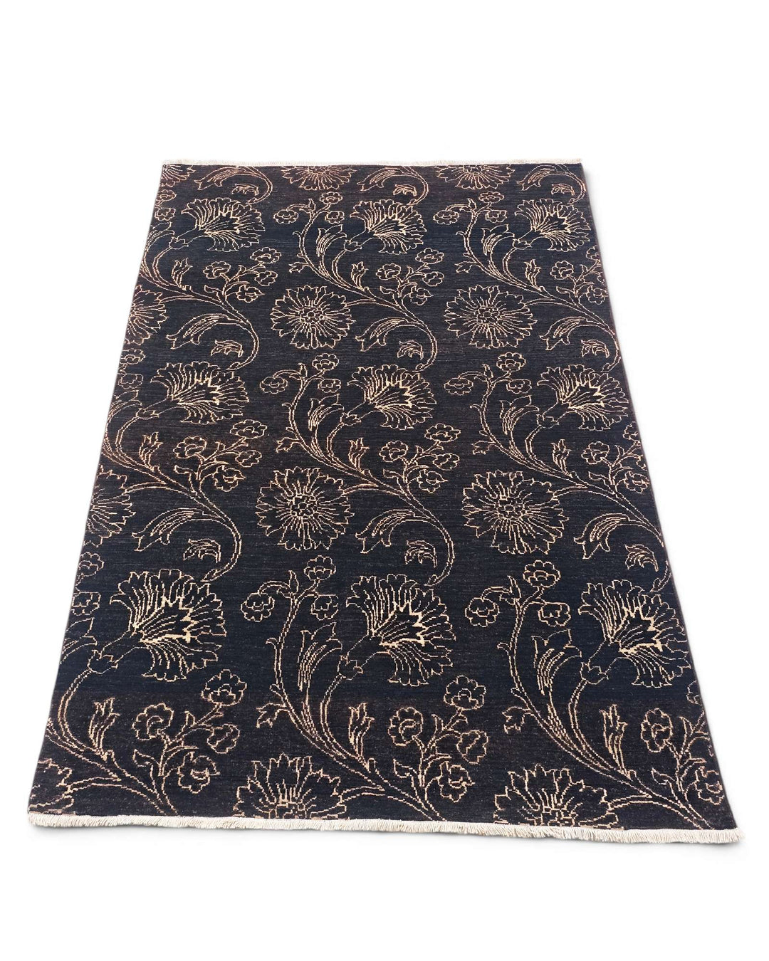 Hand-knotted wool pile of midnight floral Gabbeh rug