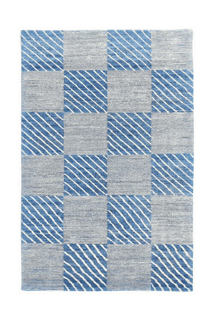 Blue and cream check Afghan Gabbeh rug, hand-knotted wool