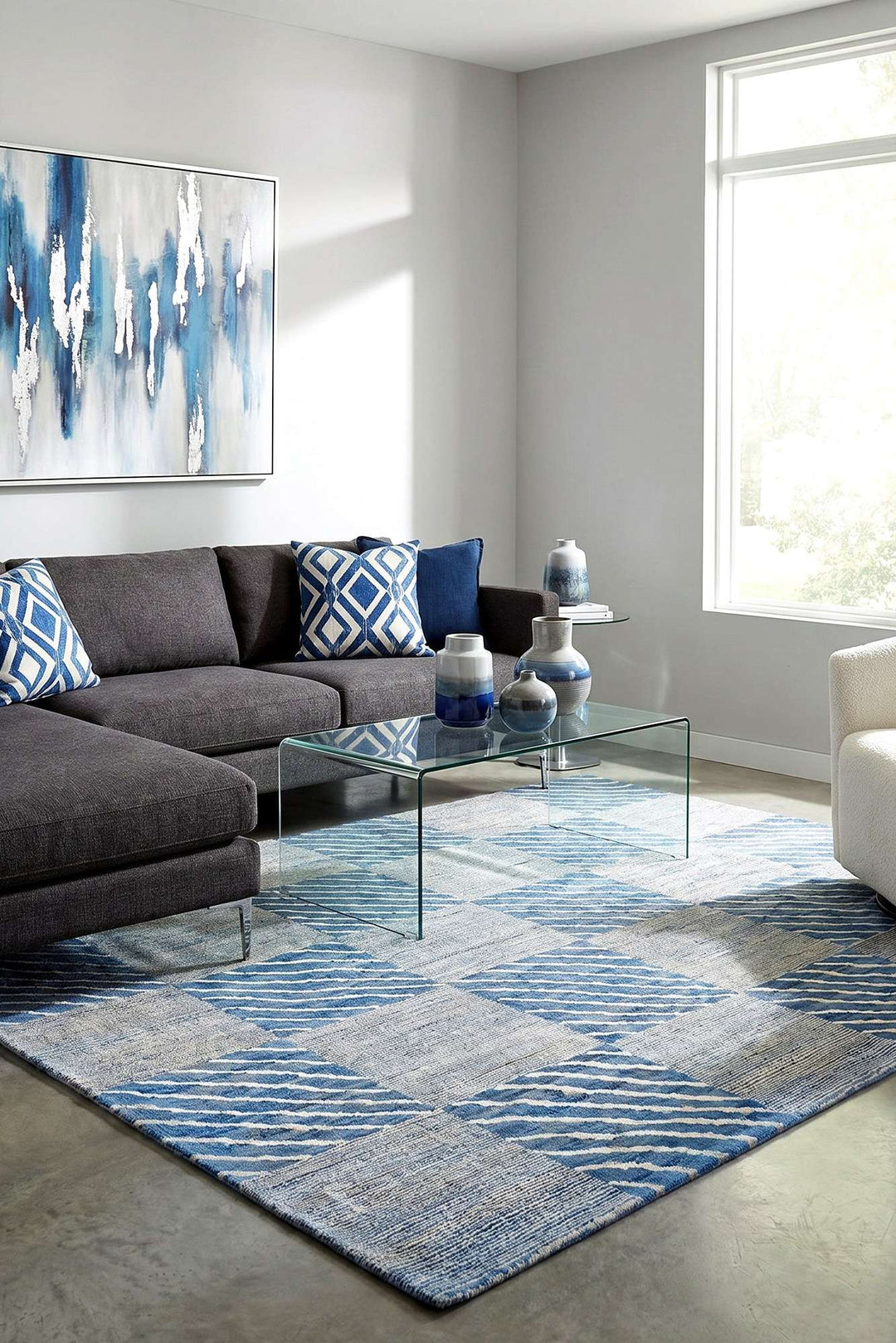 Check design in blue and cream on Afghan Gabbeh wool rug