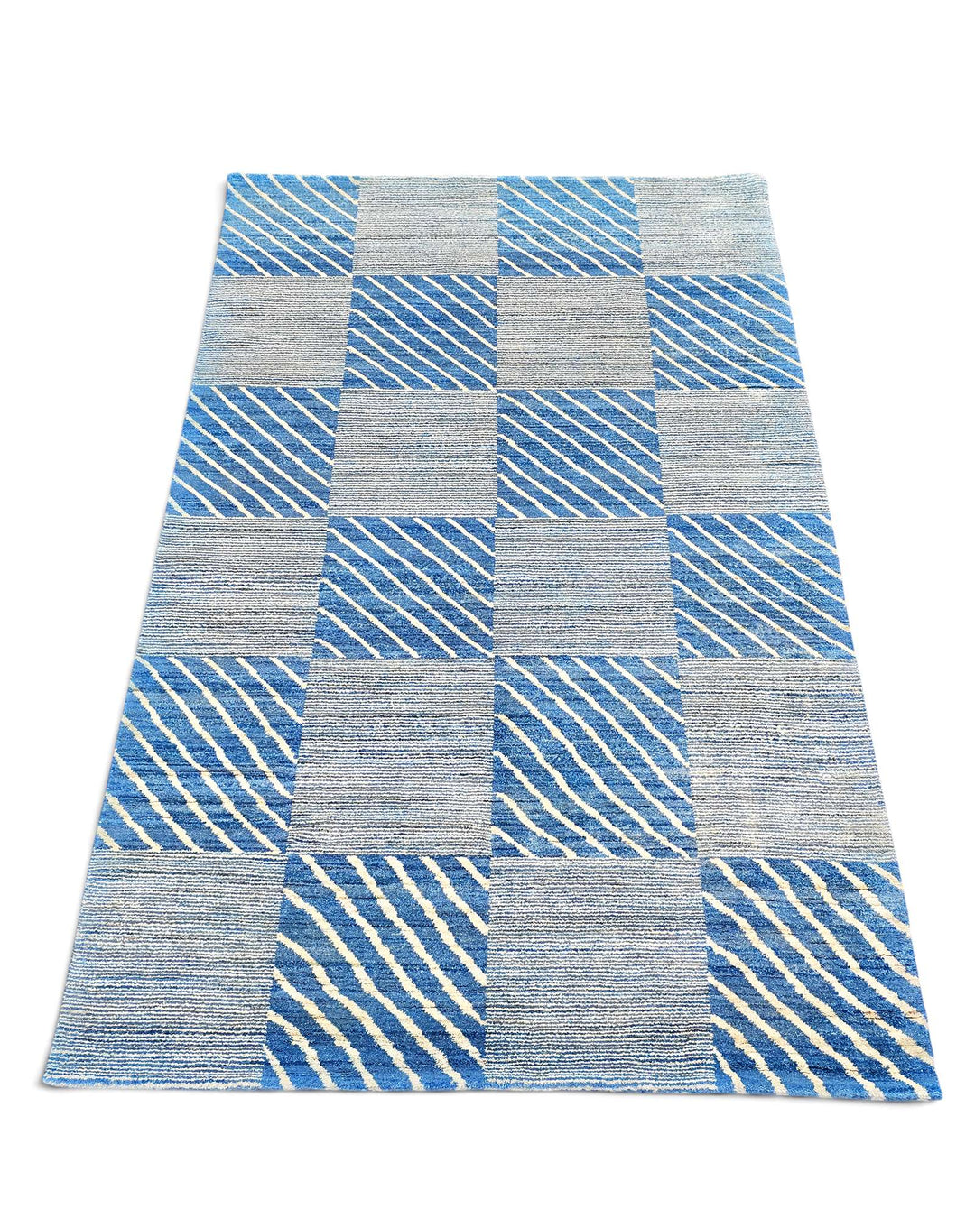 Hand-knotted wool pile of blue check Gabbeh rug
