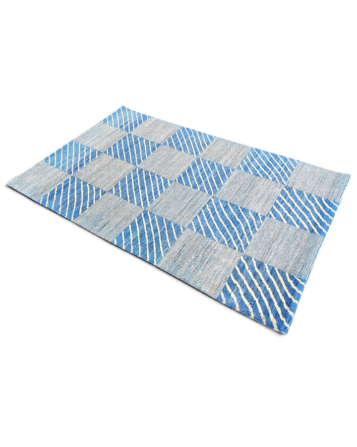 One-of-a-kind blue and cream check Afghan Gabbeh rug