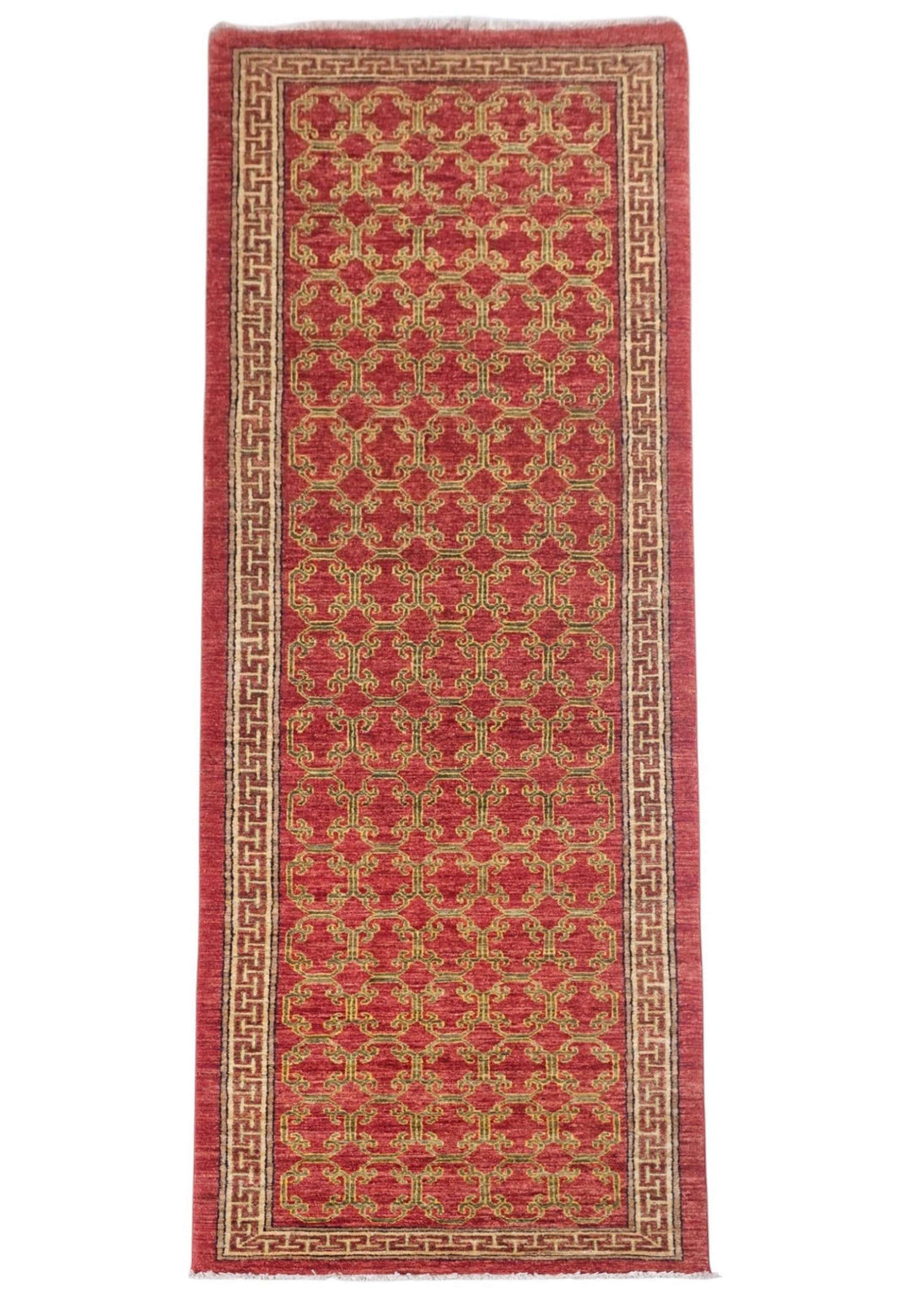 Brick red and camel meander lattice Afghan runner in Ghazni wool, 88×274cm