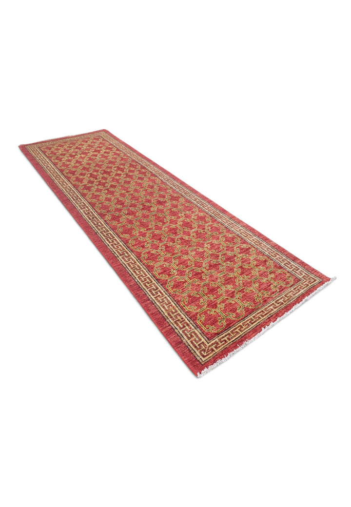 Brick red meander Afghan runner 88×274cm, Afghanistan craftsmanship
