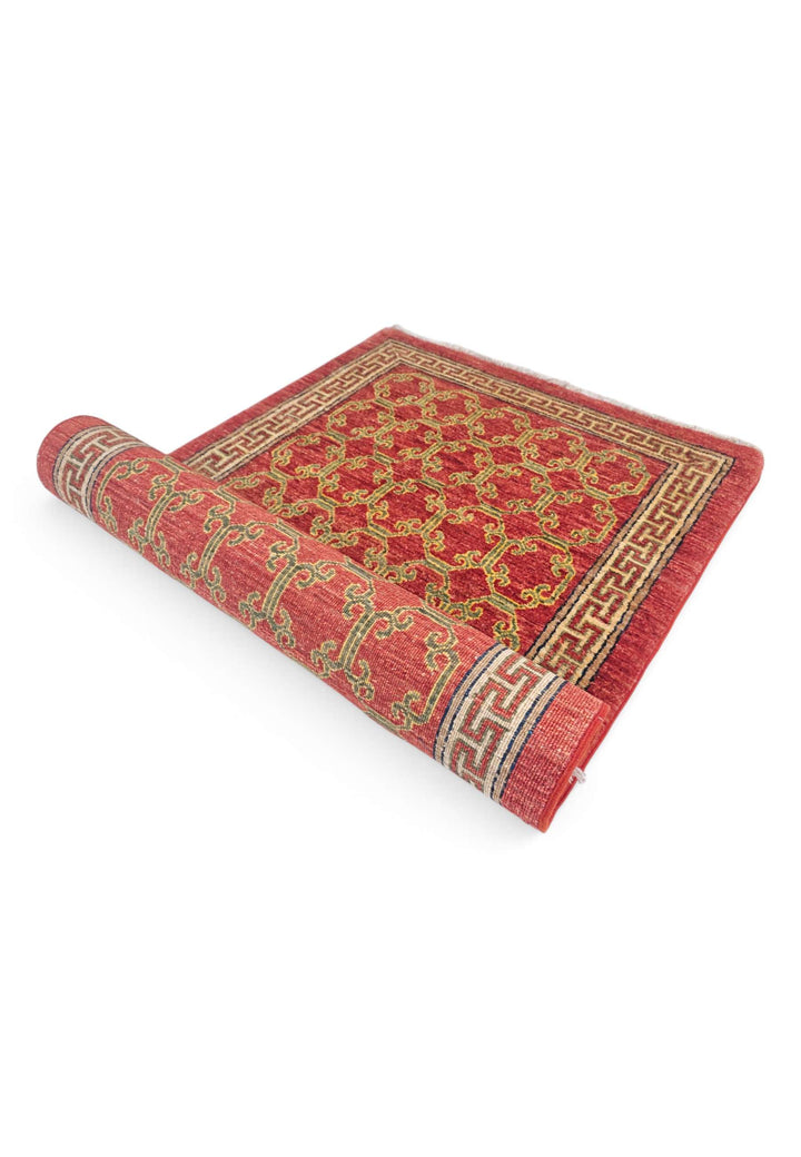 Brick red and camel meander runner for a hallway, 88×274cm