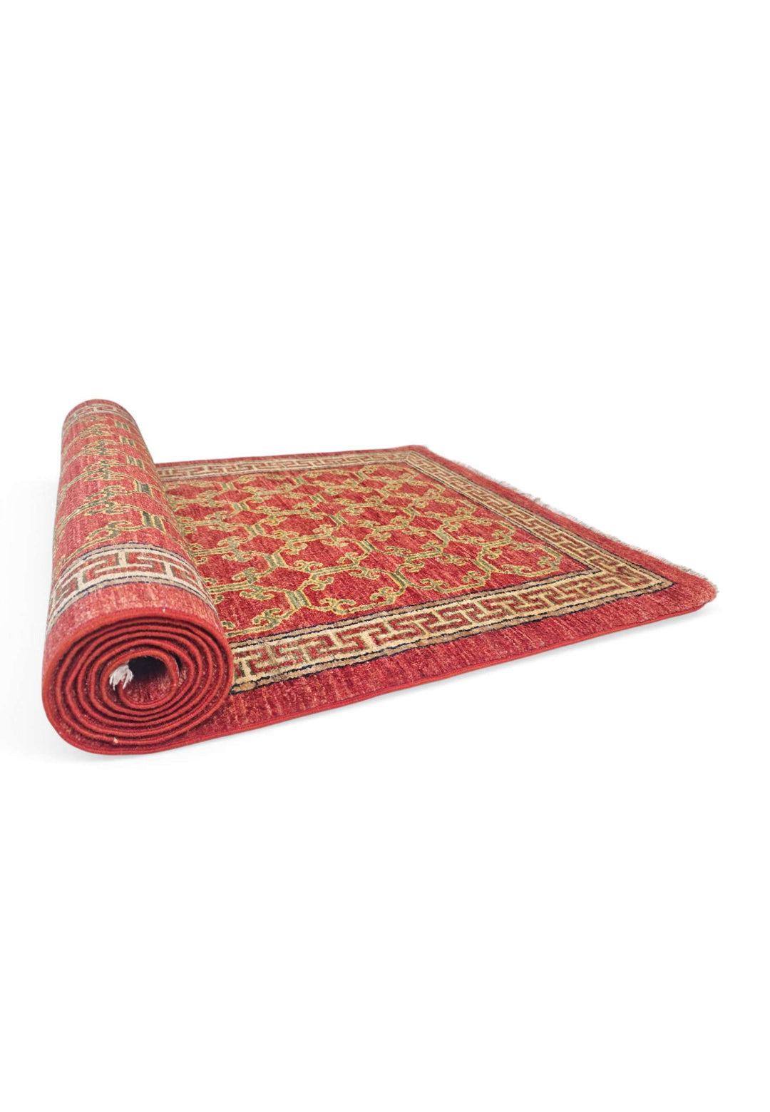 One-of-a-kind brick red meander lattice Afghan runner