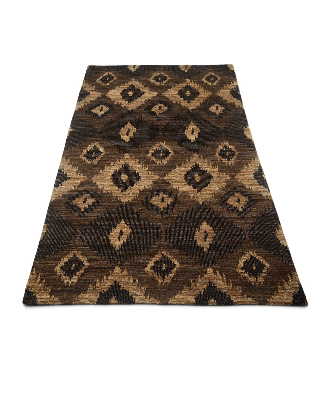 Hand-knotted wool pile of bronze ikat Gabbeh rug