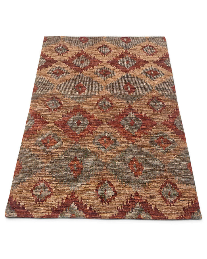 Hand-knotted wool pile of sienna ikat Gabbeh rug