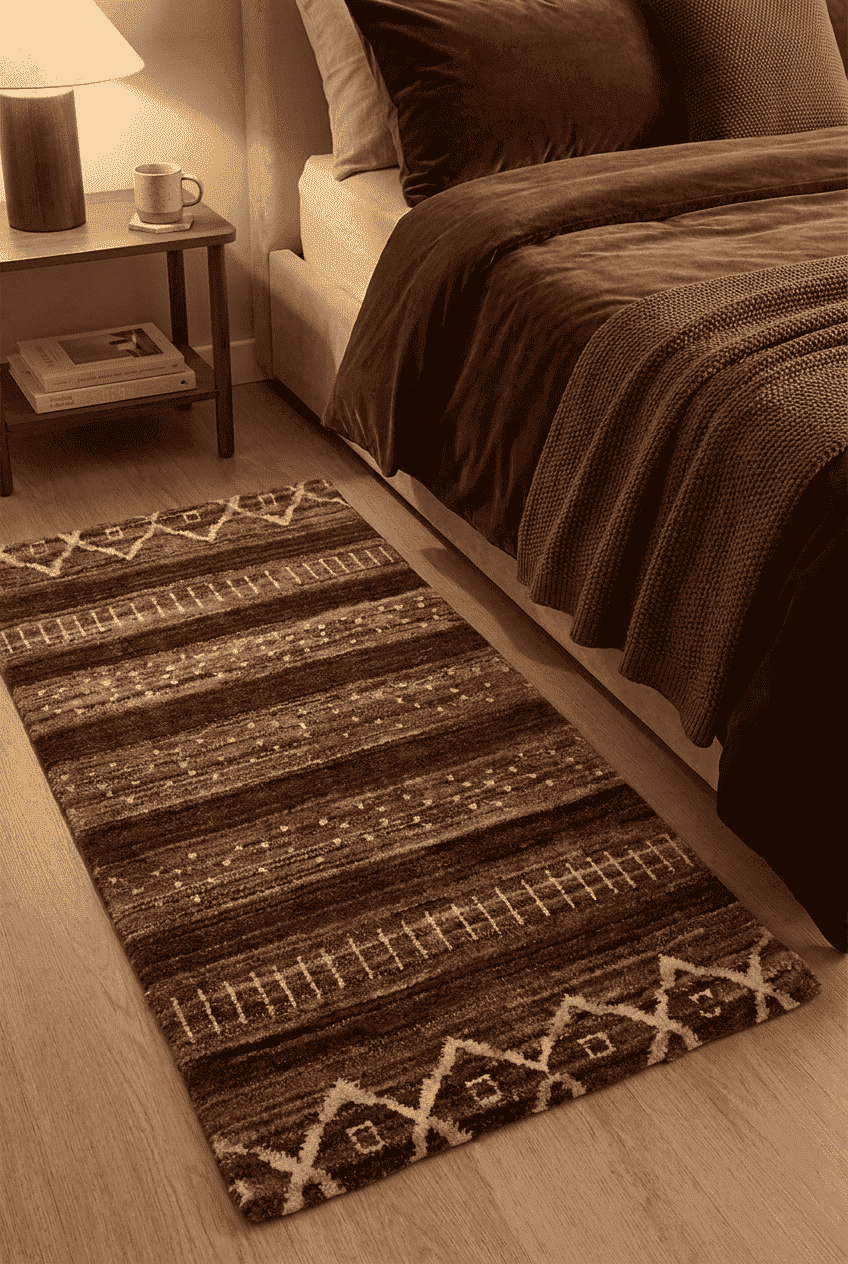 Tribal diamond motifs in brown on Afghan Gabbeh wool rug