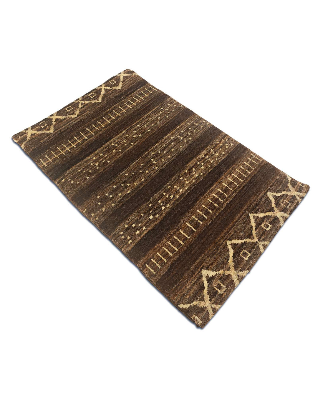 Hand-knotted wool pile of brown diamond Gabbeh rug