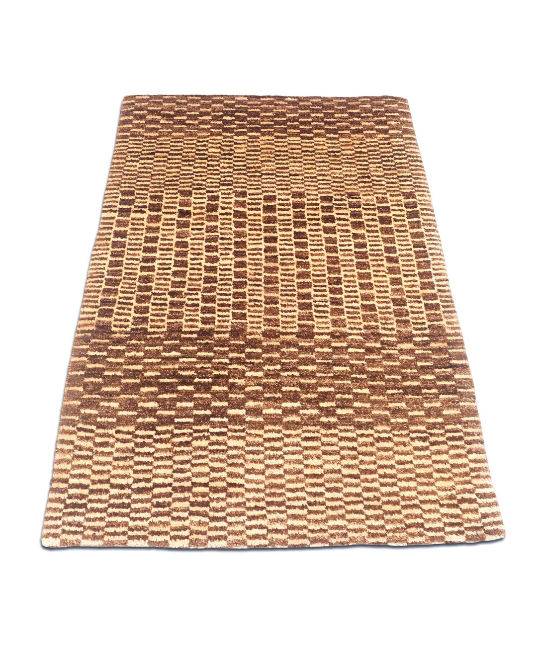 Border detail of brown checkerboard hand-knotted Gabbeh rug