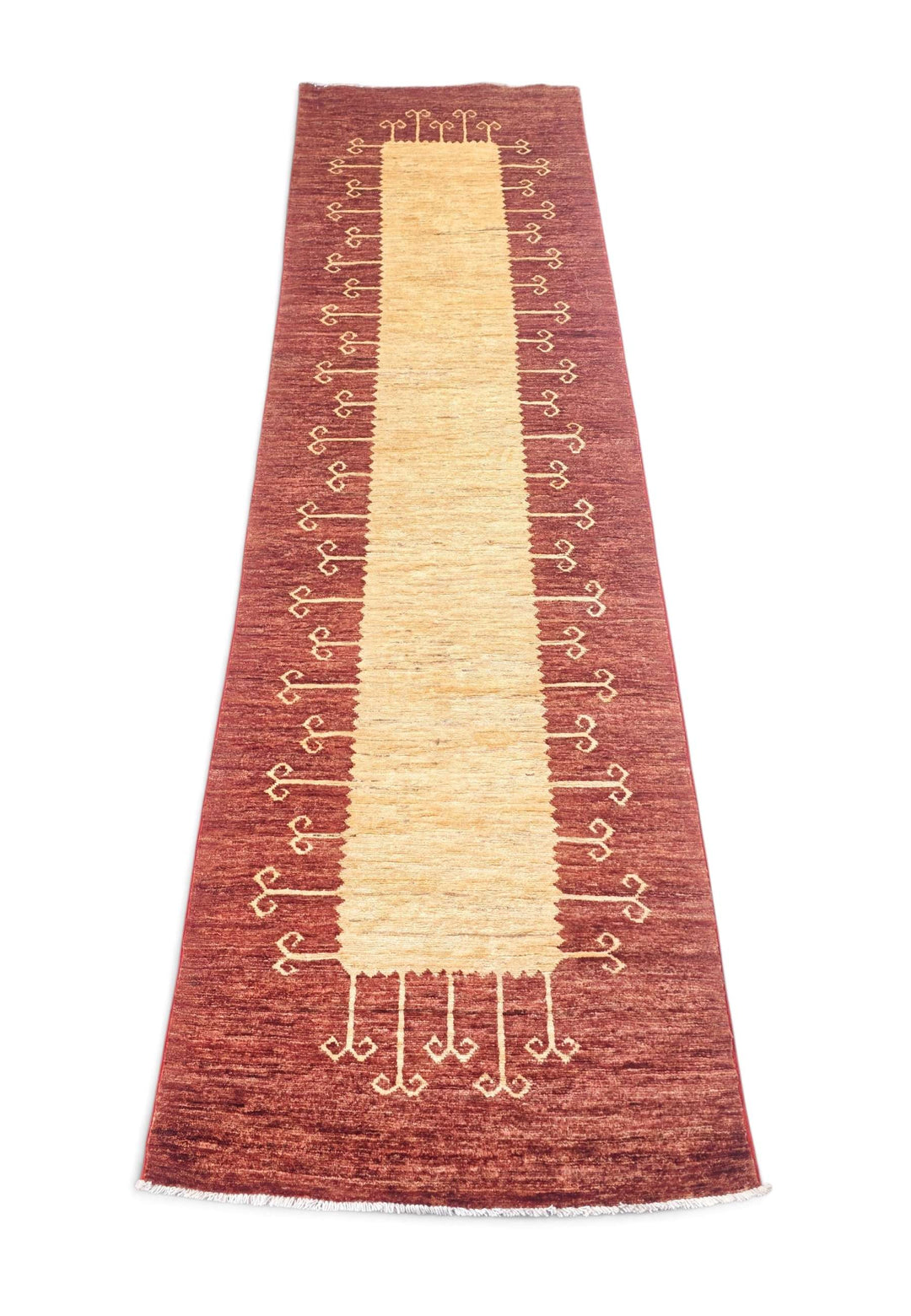 Border detail of terracotta hand-knotted Afghan Gabbeh runner