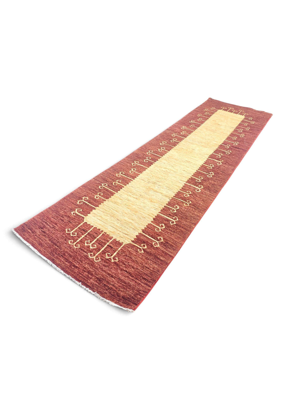 Hand-knotted Ghazni wool pile of terracotta Gabbeh runner, 82×286cm