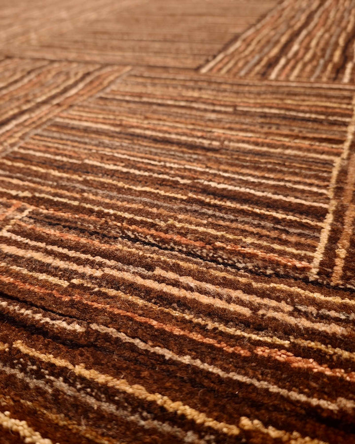 Hand-knotted wool pile of cinnamon patchwork Gabbeh rug