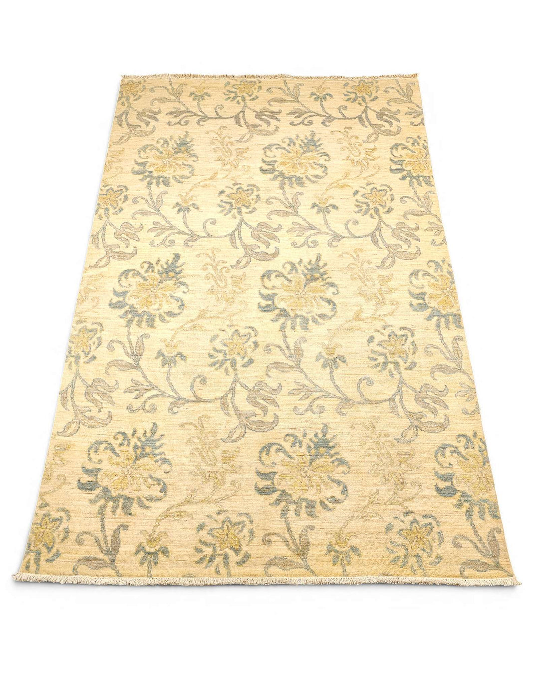 Border detail of willow green hand-knotted Afghan Gabbeh rug