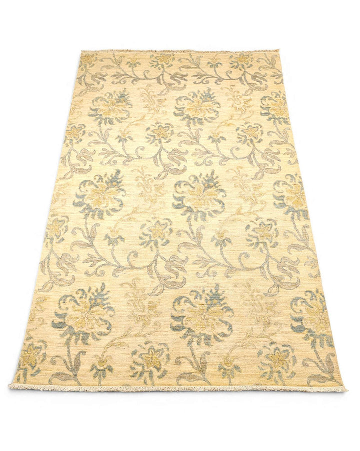 Border detail of willow green hand-knotted Afghan Gabbeh rug