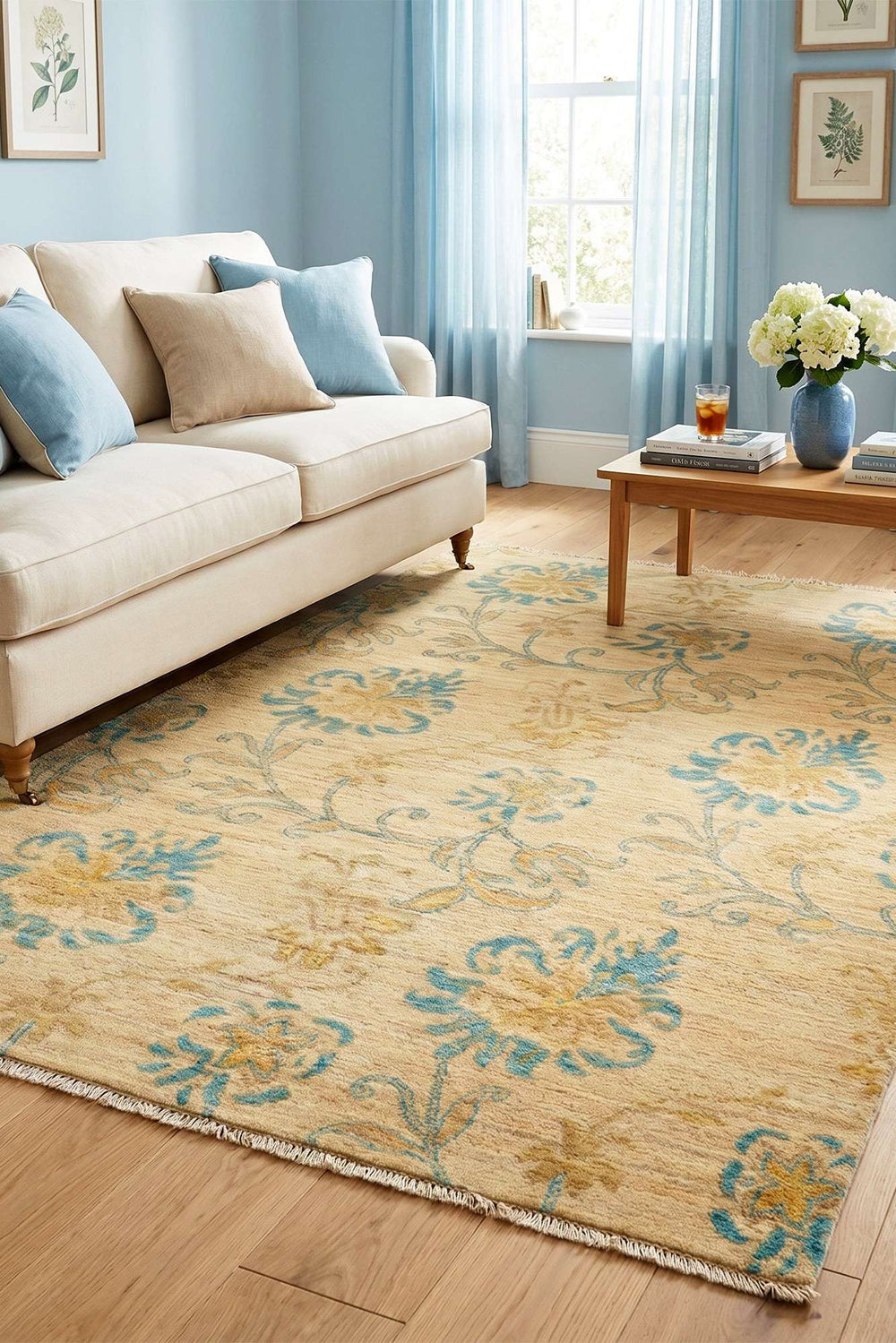 Garden design in antique green on Afghan Gabbeh wool rug