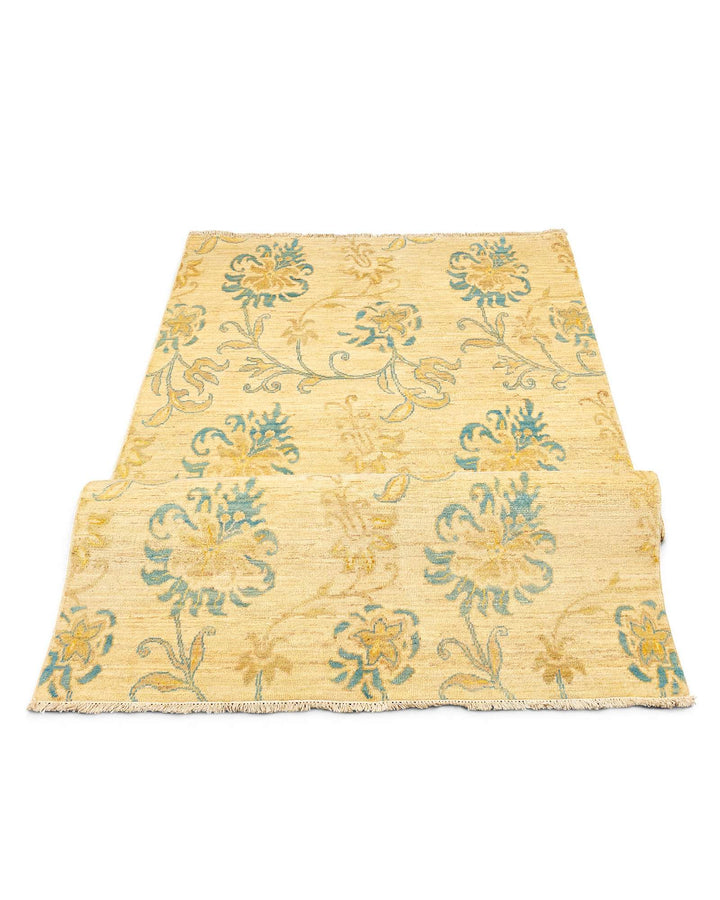 Hand-knotted Afghan Gabbeh rug with antique green garden field