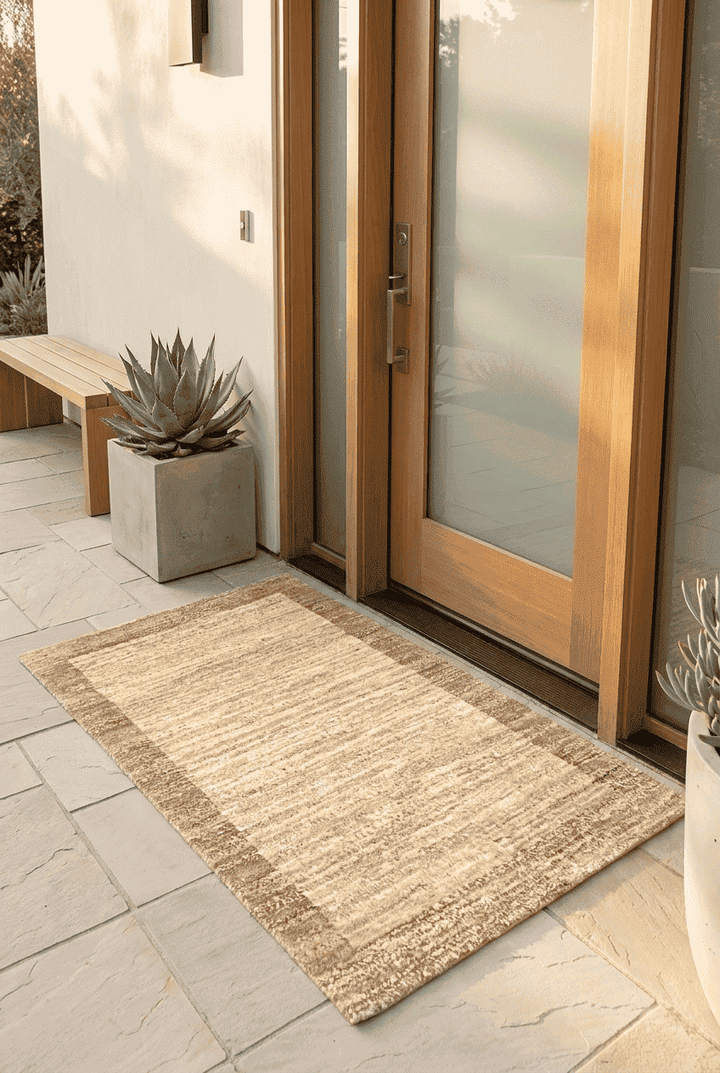 Brown border detail on cream Afghan Gabbeh wool rug