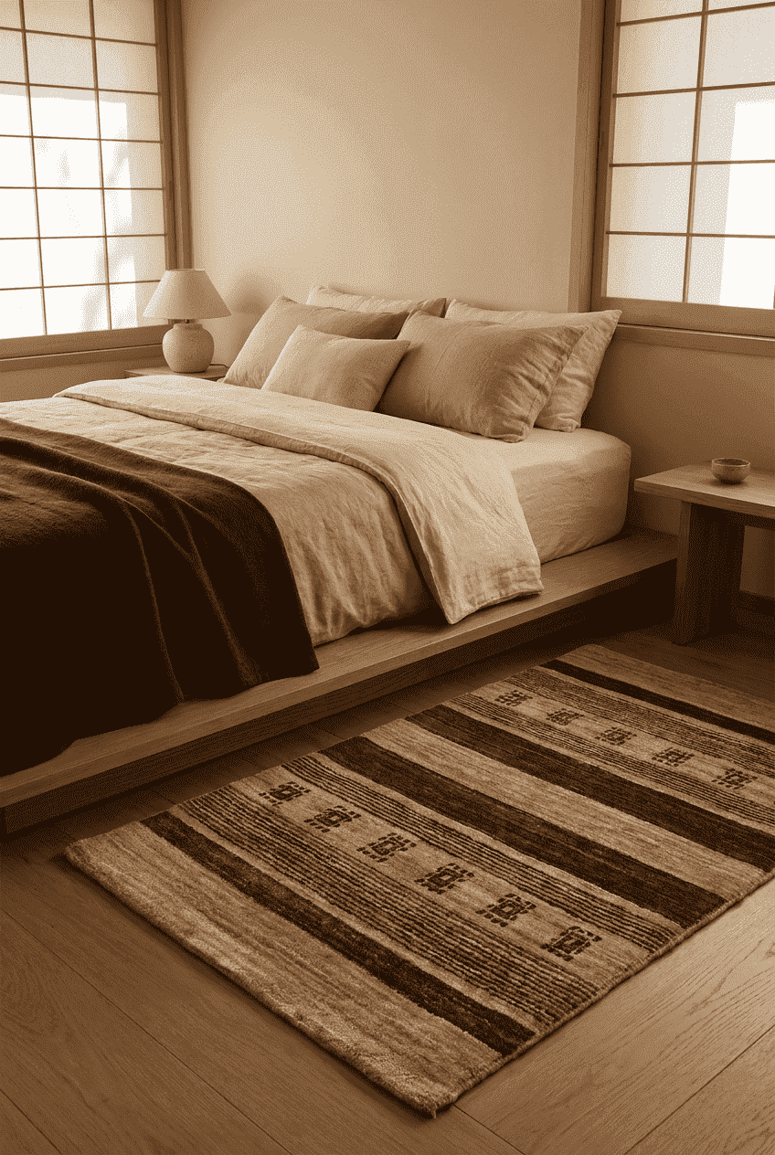 Stripe design in cream and brown on Afghan Gabbeh wool rug