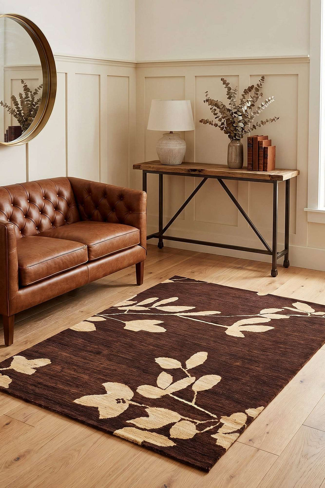 Leaf design in chocolate brown on Afghan Gabbeh wool rug