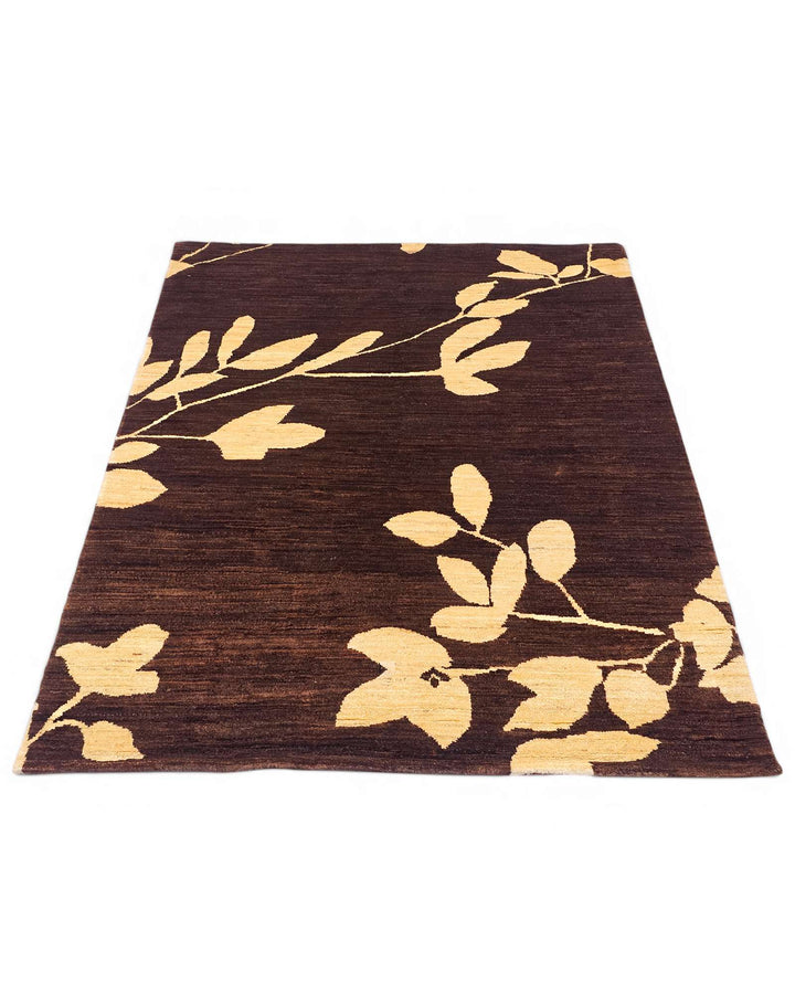 Border detail of chocolate brown hand-knotted Afghan Gabbeh rug