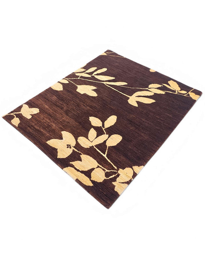 Hand-knotted wool pile of chocolate leaf Gabbeh rug