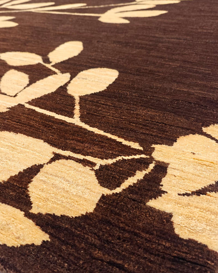 One-of-a-kind chocolate brown leaf Afghan Gabbeh rug